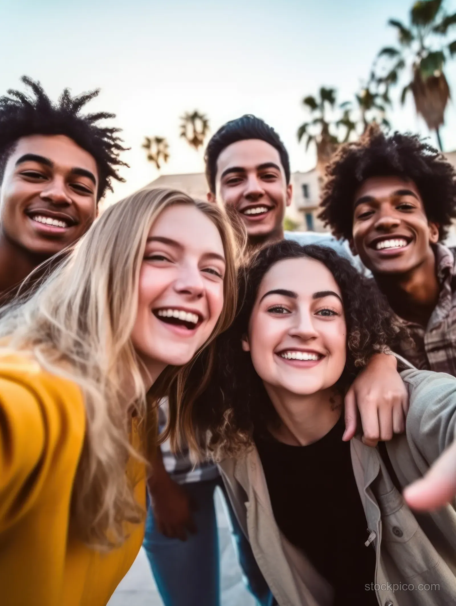 A diverse group of friends smiling while taking a selfie on a city street.