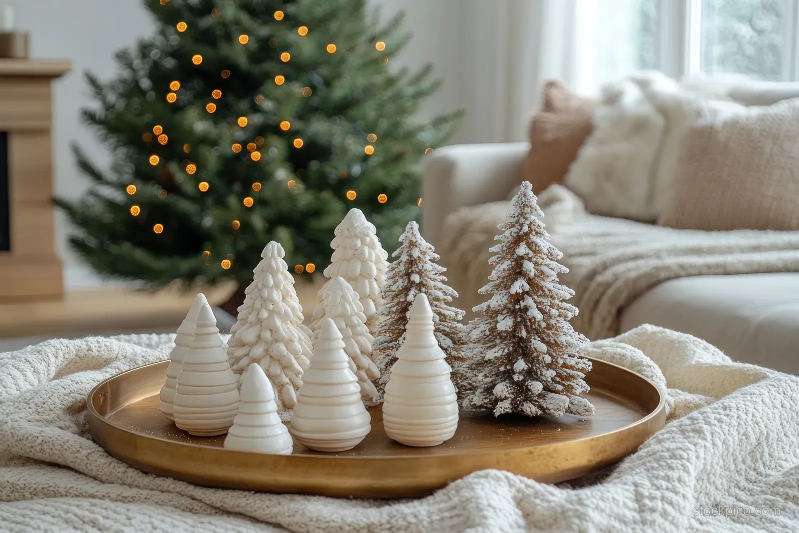 A lit Christmas tree stands beside a couch while a tray of white ceramic holiday trees sits on a knitted throw.