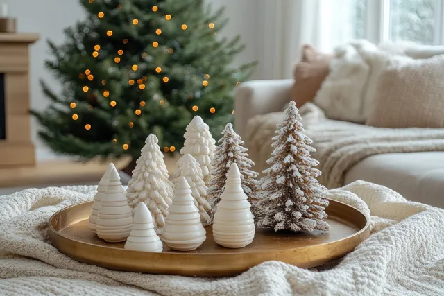 A lit Christmas tree stands beside a couch while a tray of white ceramic holiday trees sits on a knitted throw.