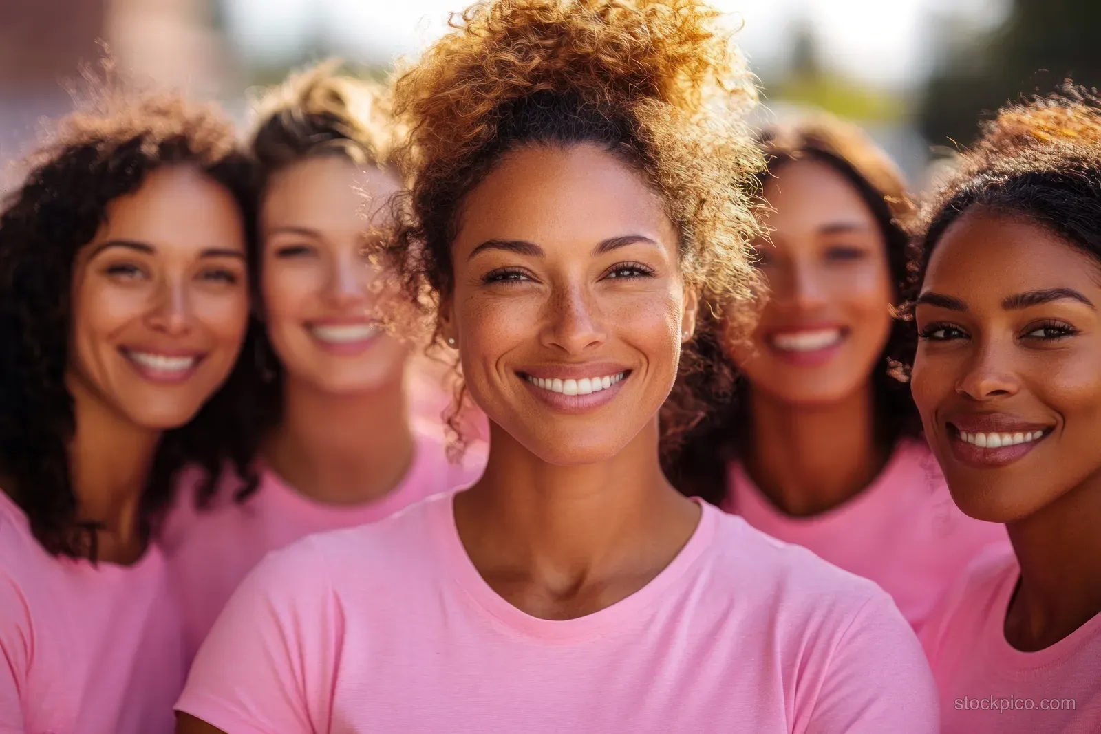Diverse women pose outdoors in matching pink shirts for breast cancer awareness, smiling in warm light.