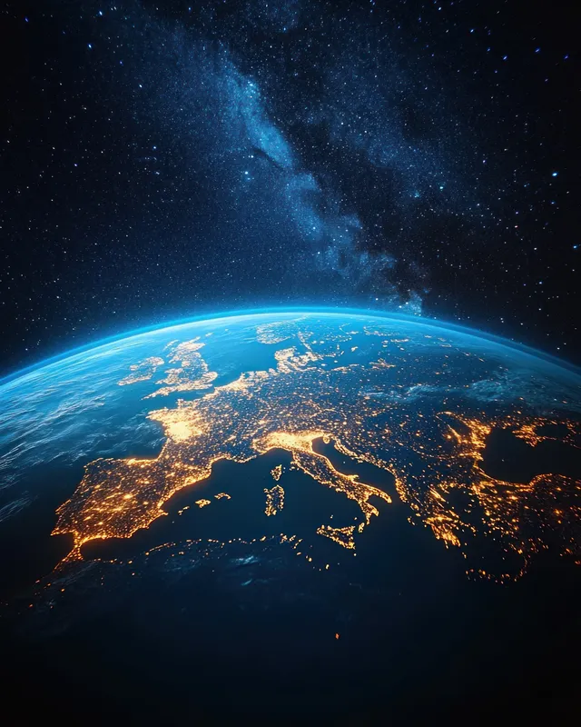 Earth from orbit at night showing Europe glowing with blue atmospheric aurora