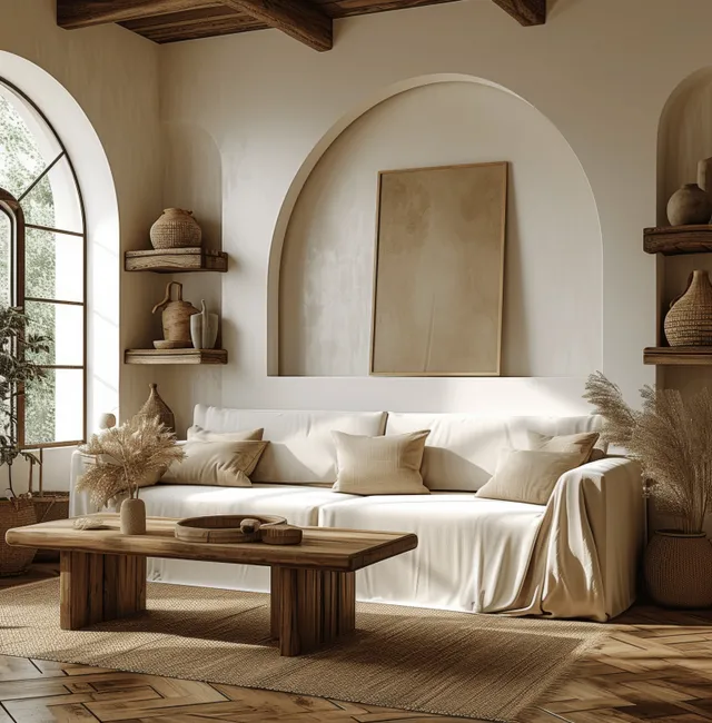 Boho living room interior with beige sofa, arched windows, wooden shelves, and an empty framed wall canvas.