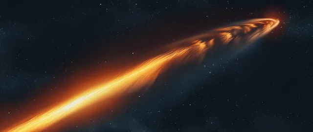 Orange tail meteor streaking across dark grainy space backdrop with glowing abstract glow