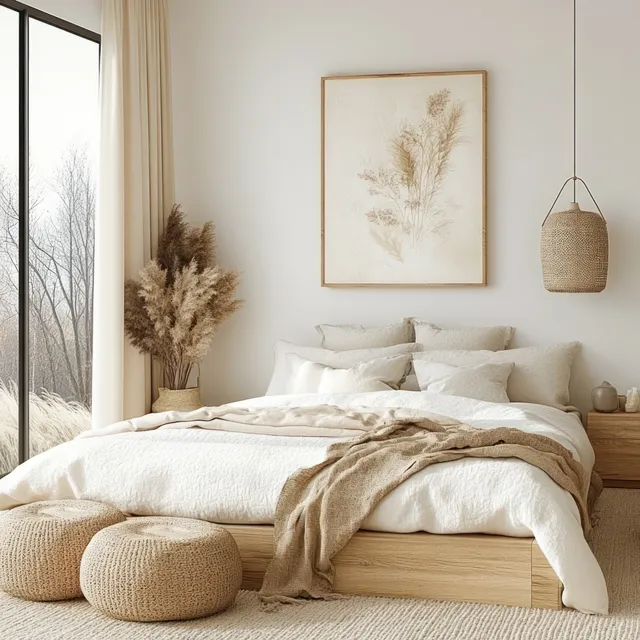 Cream linen bed in a minimalist Scandinavian bedroom with warm sunlight, pampas grass, and a framed botanical print.