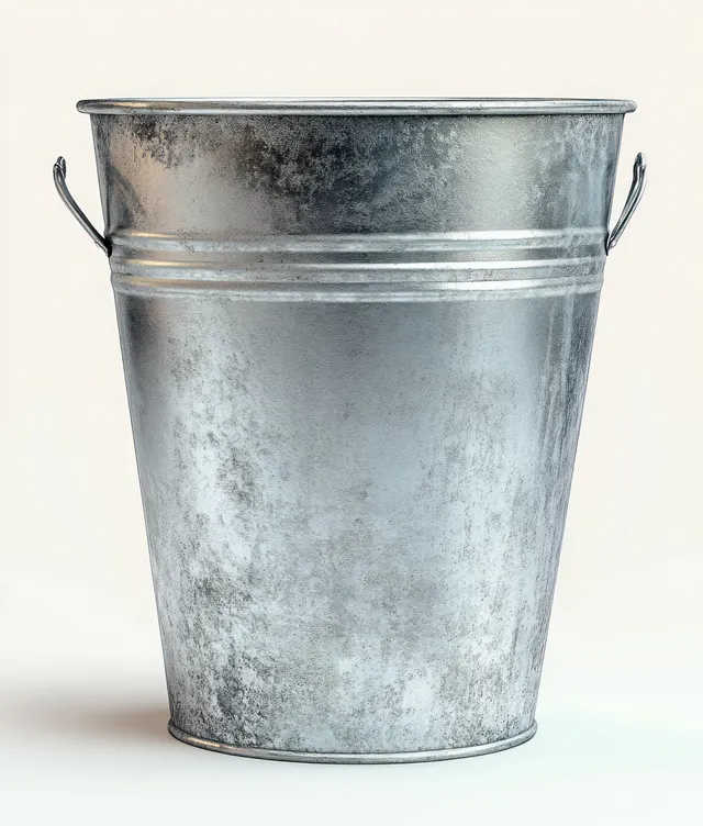 Weathered metal bucket with side handles and rust speckles against a plain light background.
