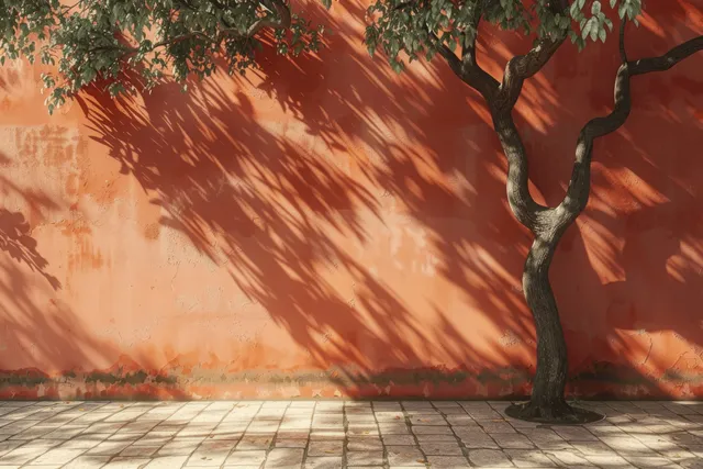 Tree shadows cast across terracotta wall and stone pavement