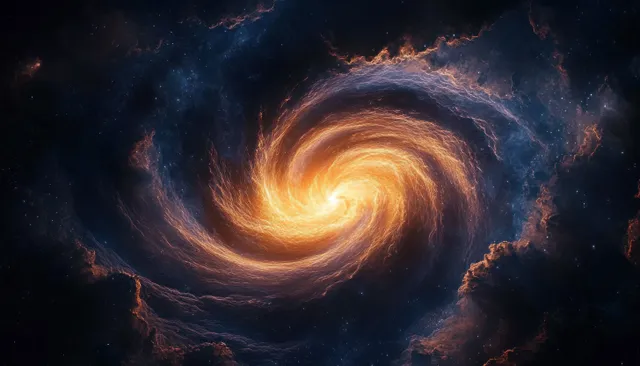 An orange and yellow spiral galaxy with a glowing core swirls inside dark blue space clouds and stars.