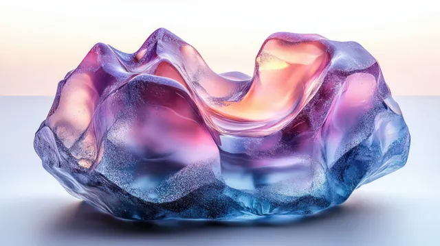 3D crystal gemstone object glowing with blue and pink gradient smooth edges