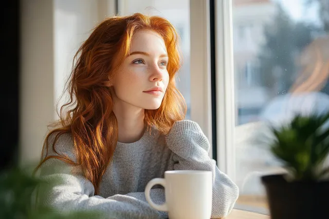 Red-haired woman in a grey sweater holding a white mug while sitting by a window and gazing outside.