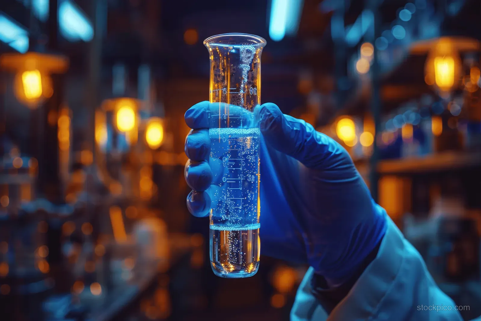 Gloved scientist holds a test tube of vivid blue liquid in a laboratory with blurred equipment behind.