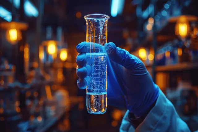 Gloved scientist holds a test tube of vivid blue liquid in a laboratory with blurred equipment behind.