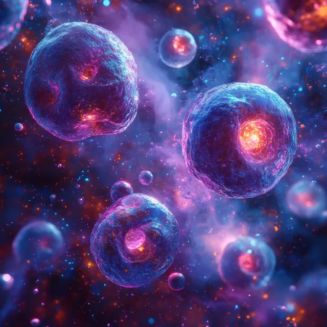 Glowing spherical viral cells and small particles float in a dark space-like background.