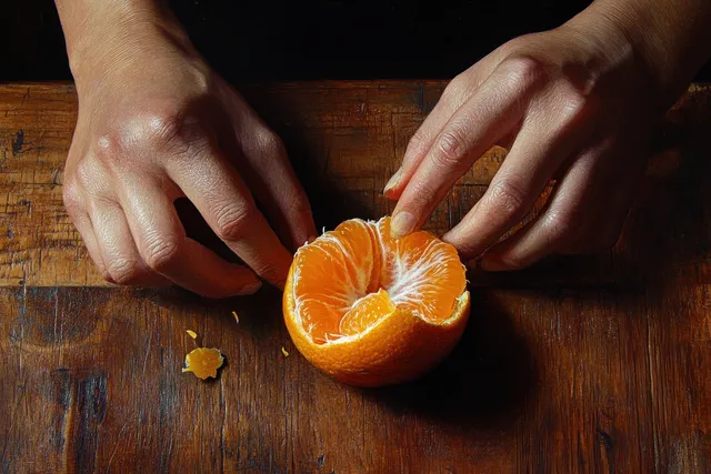 Two hands peel an orange over a rustic wooden table, showing juicy citrus segments and small peel pieces.
