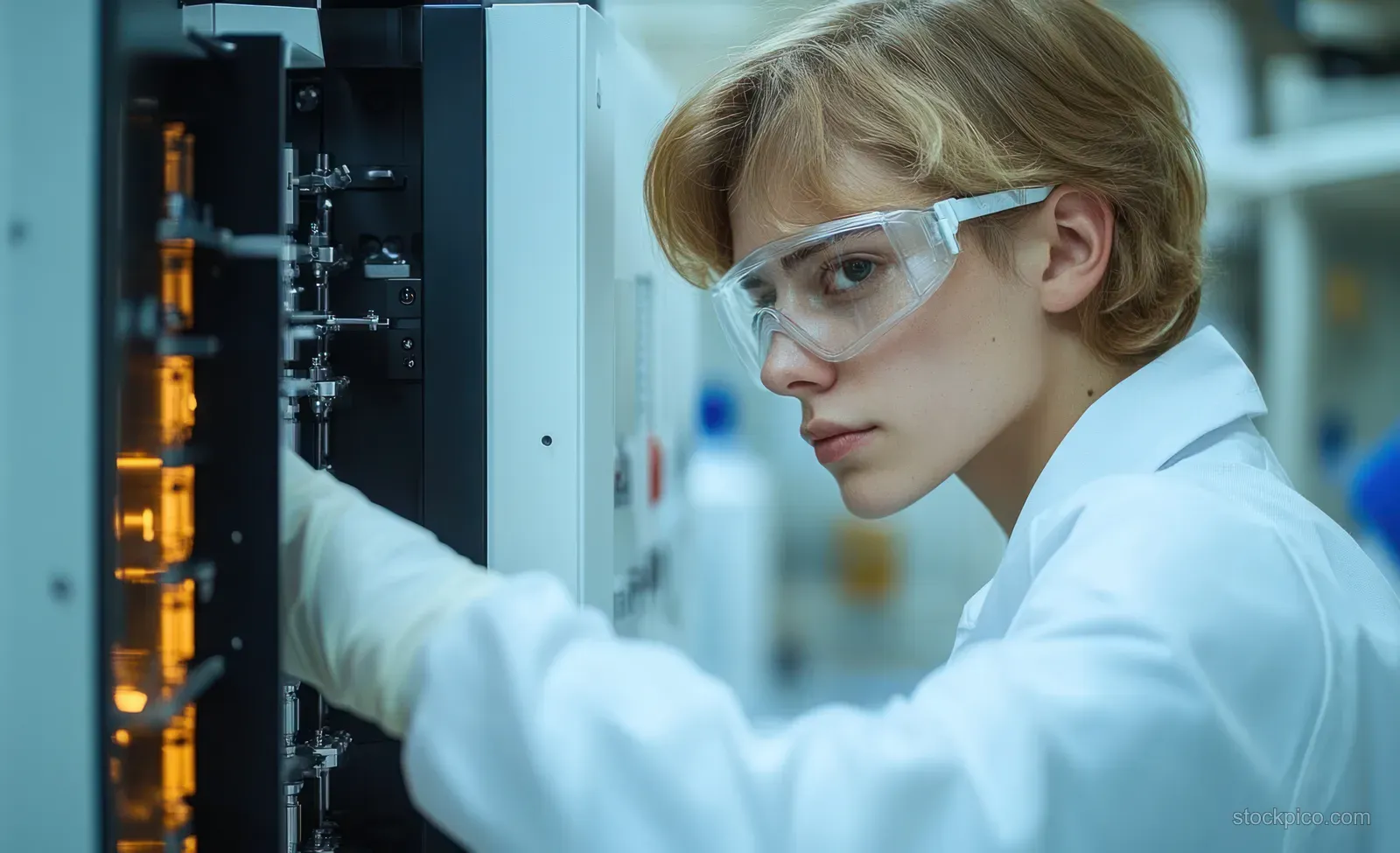 A young scientist in safety goggles operates a laboratory machine with illuminated components in a research lab.