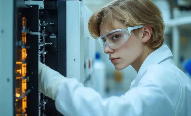 A young scientist in safety goggles operates a laboratory machine with illuminated components in a research lab.