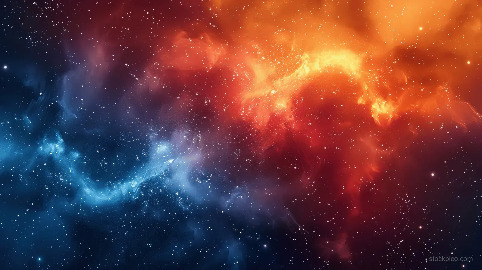 A glowing red and blue cosmic nebula fills the frame with scattered stars and smoky gas wisps.