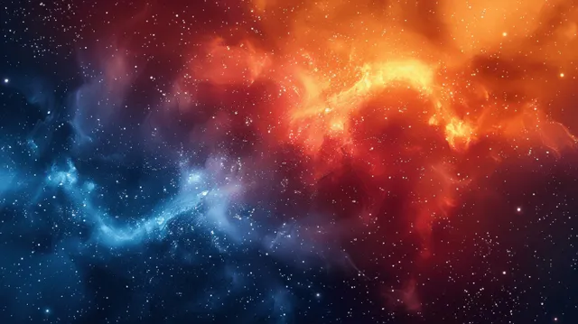 A glowing red and blue cosmic nebula fills the frame with scattered stars and smoky gas wisps.