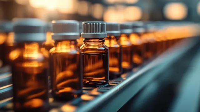 Amber glass medicine bottles with gray caps lined up on a conveyor belt in a warm production laboratory.