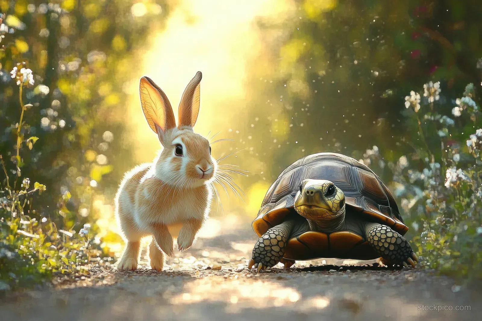 A rabbit and a turtle race on a sunlit forest path with dust in the air.