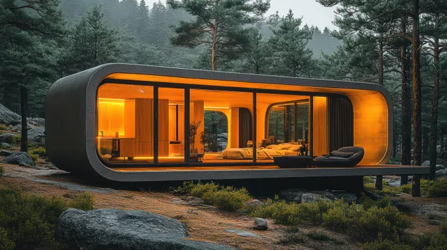Curved modern cabin glowing warmly through large glass windows in misty pine forest night