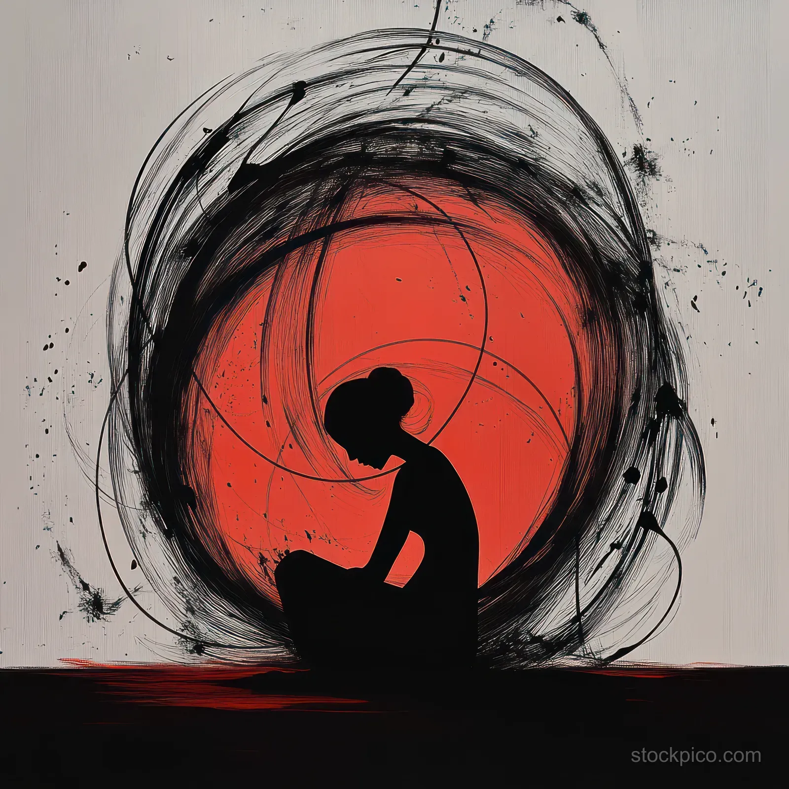 Bowhead silhouette sitting before a glowing red circle encircled by chaotic black ink swirls.