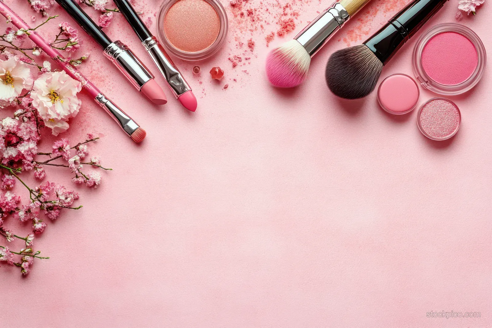 Pink makeup brushes, lipsticks, and powder products arranged around cherry blossoms on a soft pink surface.
