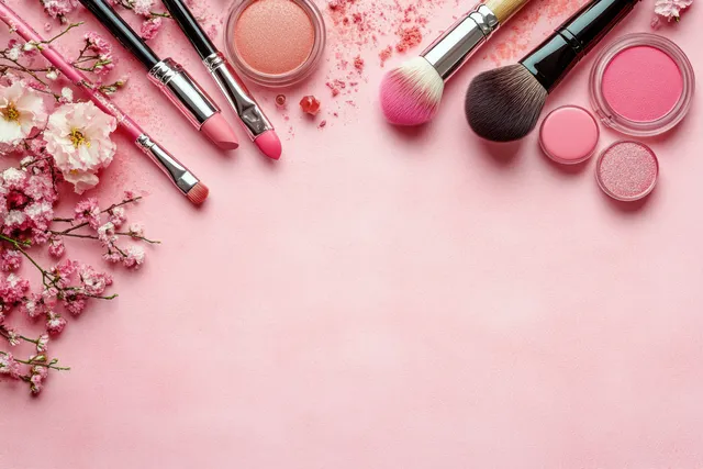 Pink makeup brushes, lipsticks, and powder products arranged around cherry blossoms on a soft pink surface.