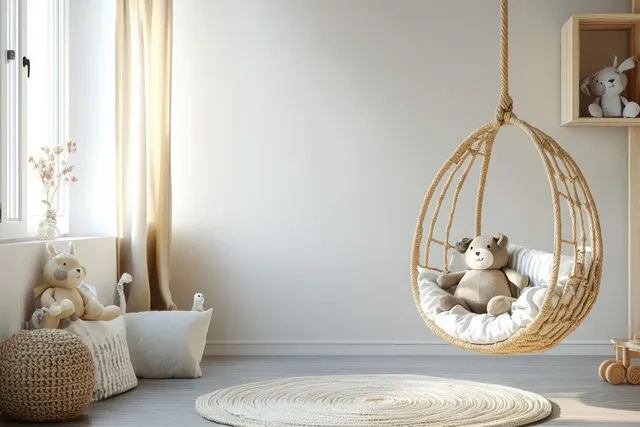 Cozy Scandinavian kids bedroom with a hanging plush toy seat, pillows, and soft daylight coming through curtains.