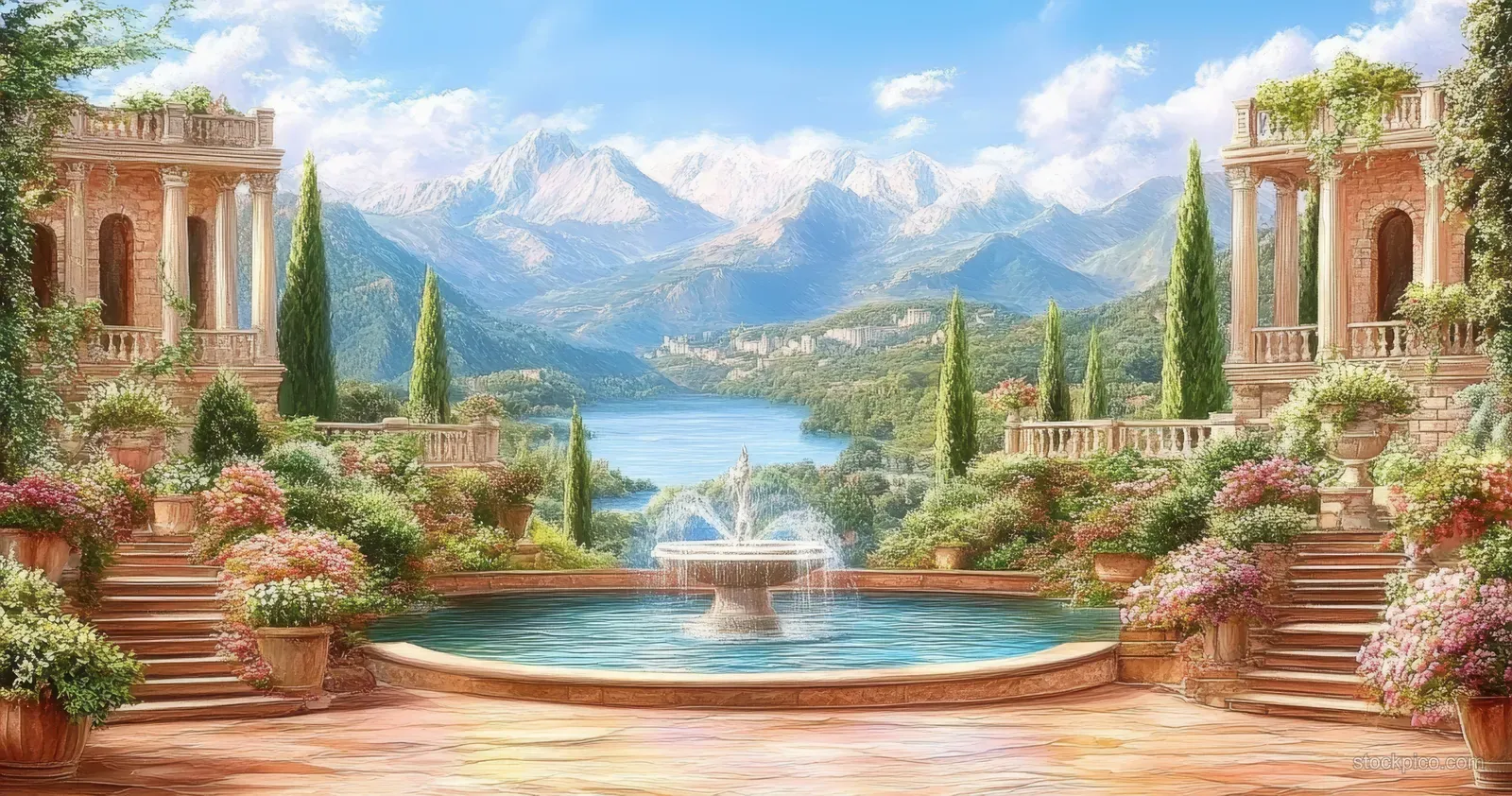 A blooming garden terrace with a fountain overlooks a lake and mountains beside a distant castle.