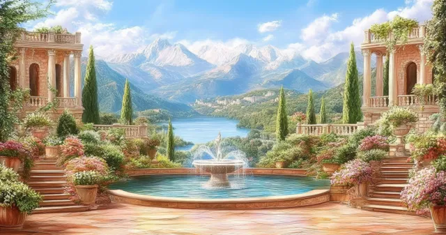 A blooming garden terrace with a fountain overlooks a lake and mountains beside a distant castle.