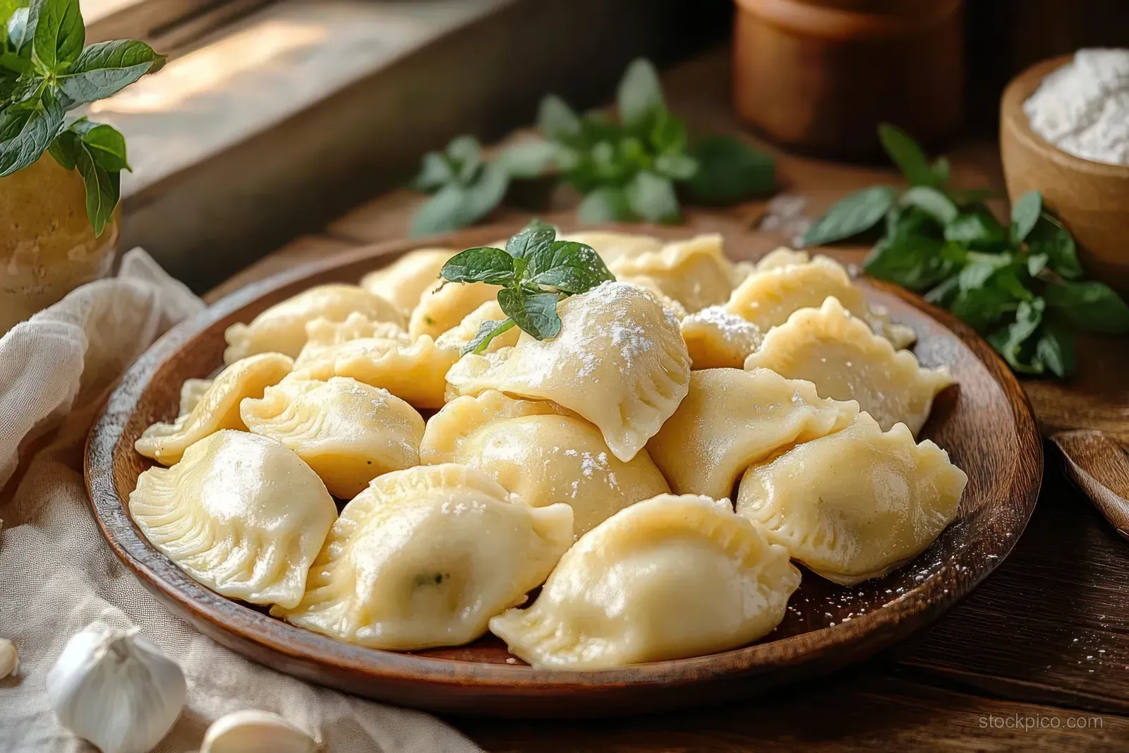 Fresh handmade dumplings on a rustic wooden plate, dusted with flour and topped with green herbs under natural light.