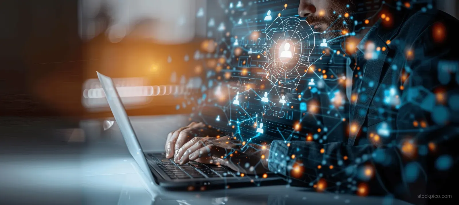 A recruiter typing on a laptop with a glowing global network overlay.