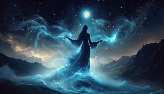 Mystical woman silhouette standing on mountain ridge as glowing cosmic waves swirl under full moon