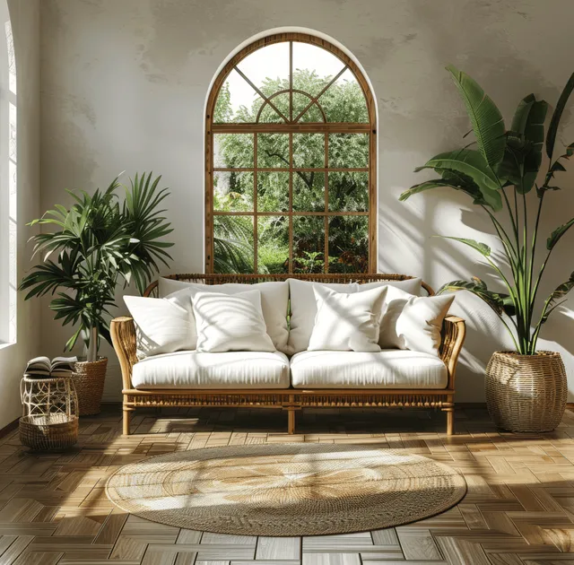 Boho coastal minimalist living room with white sofa, plants, and sunlit arched window