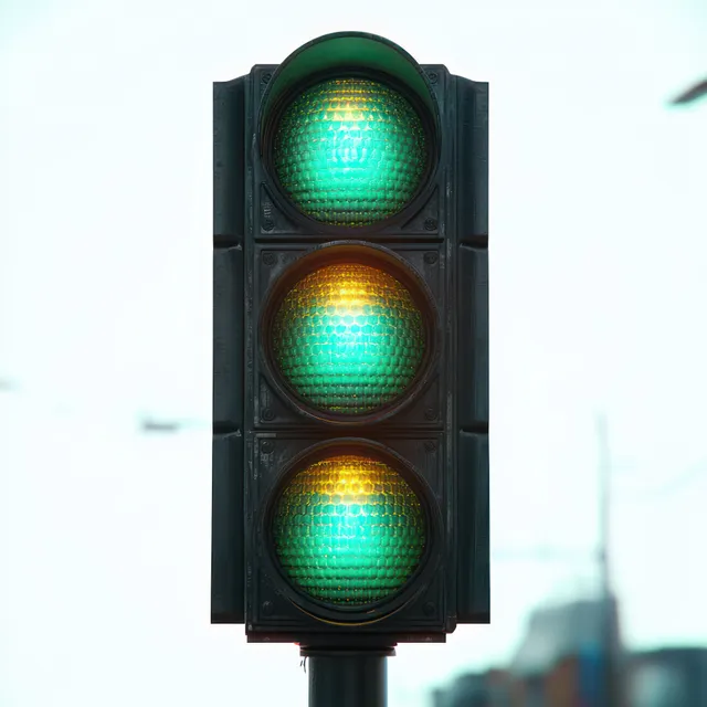 A close-up traffic light with three circular lenses glowing green in daylight against a street background.