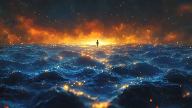 A solitary silhouette stands on turbulent glowing ocean waves beneath a fiery orange and blue sky.