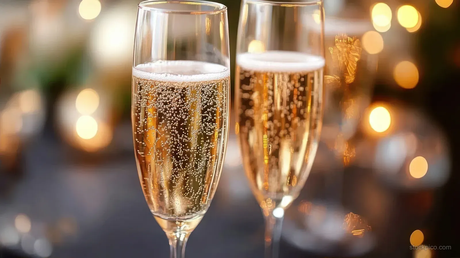 Two champagne flutes filled with sparkling wine clink with bubbles rising in warm golden bokeh lighting.