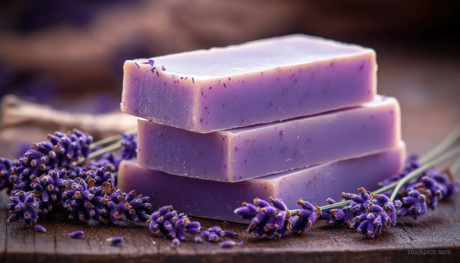 Three stacked lavender soap bars on a wooden board with fresh lavender flowers scattered around.