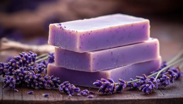 Three stacked lavender soap bars on a wooden board with fresh lavender flowers scattered around.