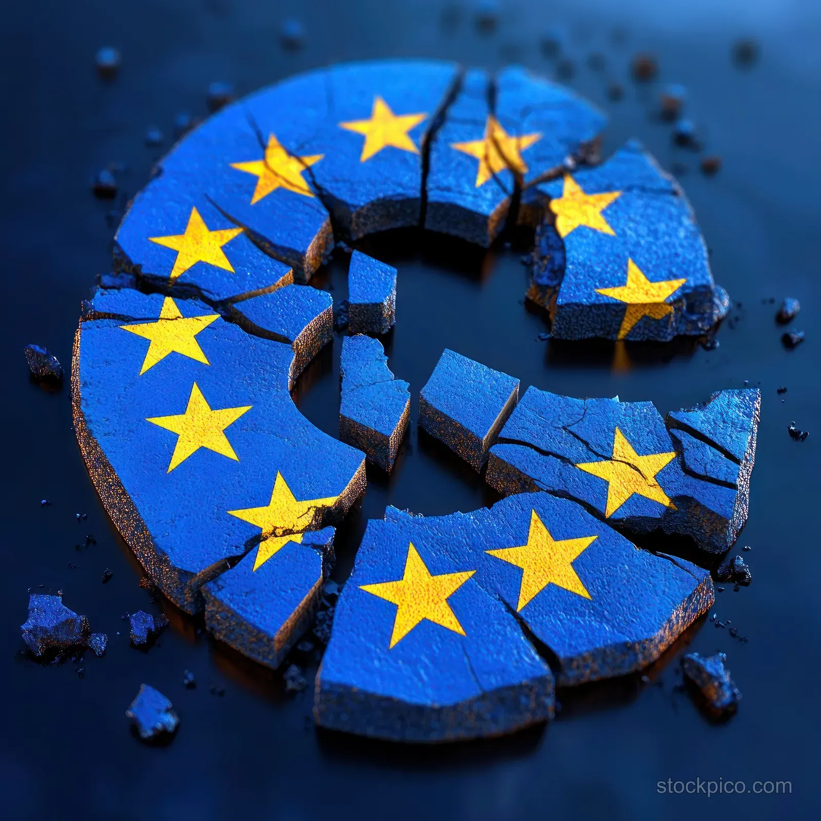 Broken blue euro symbol with yellow EU stars scattered around a fractured circular depression.