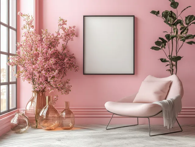 A blank square frame is mounted on a pastel pink wall with pink flowers in vases and a white Scandinavian chair nearby.