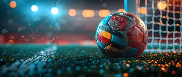 Germany-themed soccer ball sits on stadium turf beside a goal net under glowing lights.