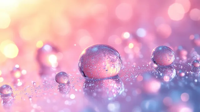 Glossy serum droplet with glowing molecular spheres floating on a soft pastel background.