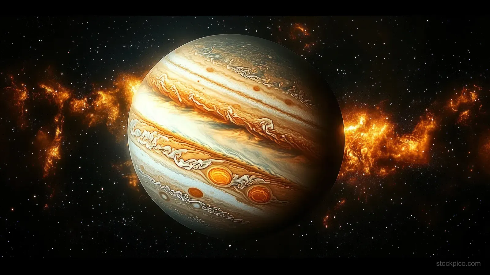 A gas giant with swirling clouds and glowing storm spots is surrounded by an orange fiery nebula.