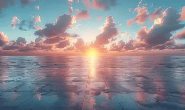 Sunset over calm ocean with reflective tiled ground and glowing horizon under colorful clouds