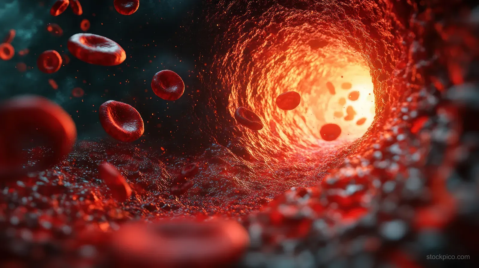 Red blood cells flowing through a glowing artery tunnel with cinematic lighting and deep microscopic detail.