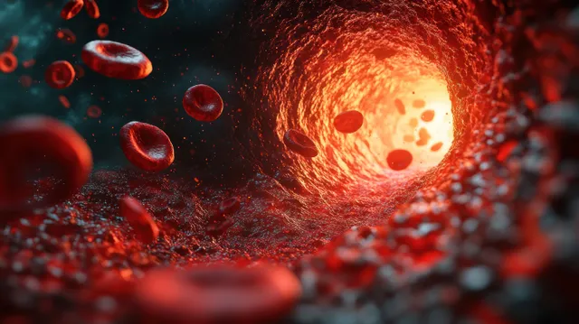 Red blood cells flowing through a glowing artery tunnel with cinematic lighting and deep microscopic detail.
