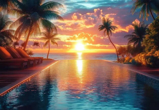 Infinity pool at sunset with palm trees, lounge chairs, and glowing ocean reflections under dramatic orange clouds.
