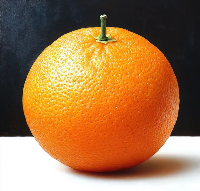 A ripe orange with textured peel and a green stem rests on a white surface against a dark background.