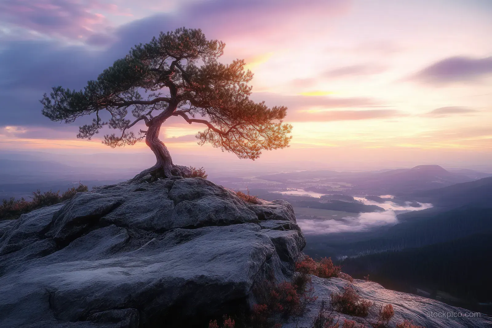 A solitary tree on a rocky outcrop overlooks a misty valley under a pastel sunrise sky.